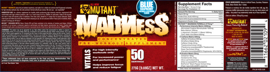 Official label of Mutant Madness Blue Raspberry (NIH DSLD #47710)