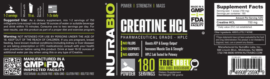 Official label of NutraBio Creatine HCl (NIH DSLD #51165)