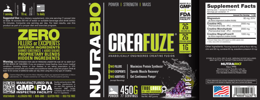 Official label of NutraBio CreaFuze Grape (NIH DSLD #51486)