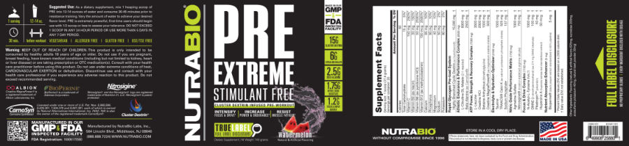 Official label of NutraBio Pre Extreme Stimulant Free Watermelon (NIH DSLD #51616)