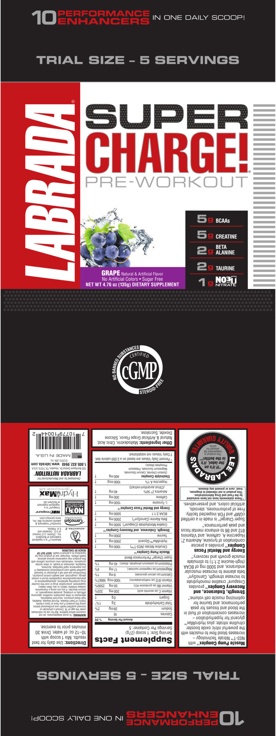 Official label of Labrada Super Charge! Grape (NIH DSLD #53426)
