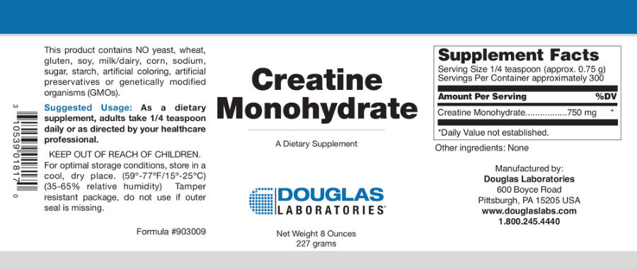 Official label of Douglas Laboratories Creatine Monohydrate (NIH DSLD #56107)
