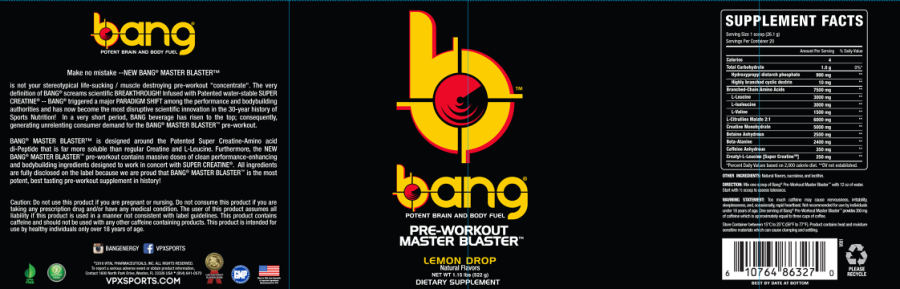 Official label of Bang Master Blaster Lemon Drop (NIH DSLD #57742)
