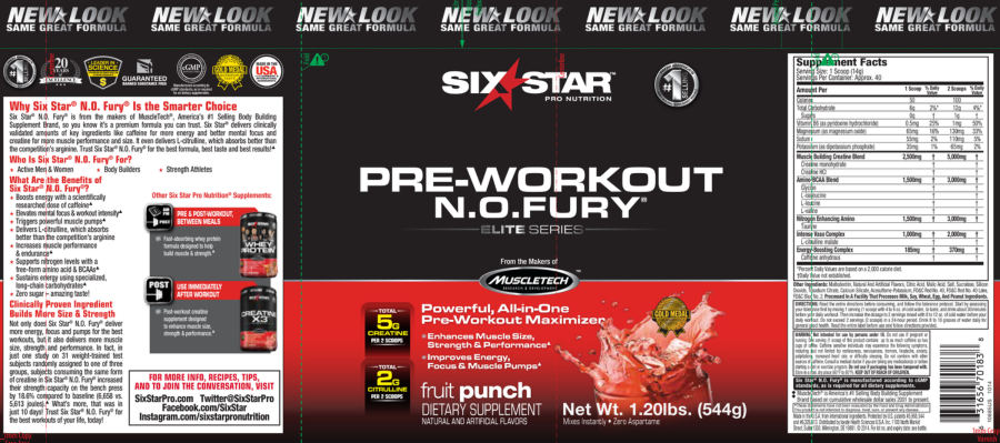 Official label of Six Star Pro Nutrition Pre-Workout N.O. Fury Fruit Punch (NIH DSLD #58836)