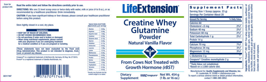Official label of Life Extension Creatine Whey Glutamine Powder Natural Vanilla Flavor (NIH DSLD #62355)