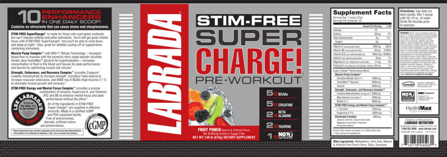 Official label of Labrada Stim-Free Super Charge! Fruit Punch (NIH DSLD #62528)