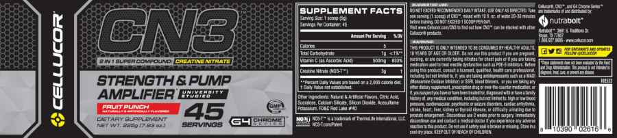 Official label of Cellucor CN3 2 In 1 Super Compound: Creatine Nitrate Fruit Punch (NIH DSLD #62851)