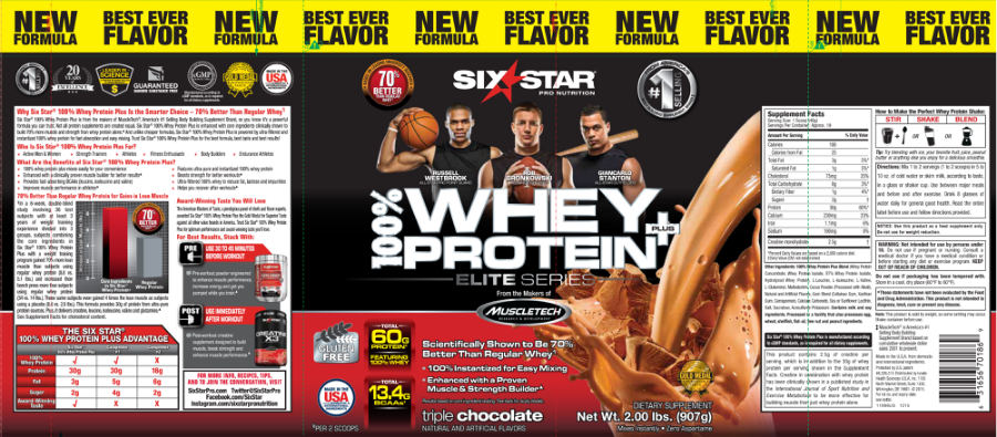 Official label of Six Star Pro Nutrition Whey Protein Plus Elite Series Triple Chocolate (NIH DSLD #63067)