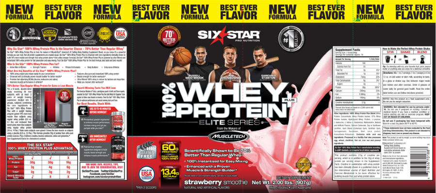 Official label of Six Star Pro Nutrition Whey Protein Plus Elite Series Strawberry Smoothie (NIH DSLD #63137)