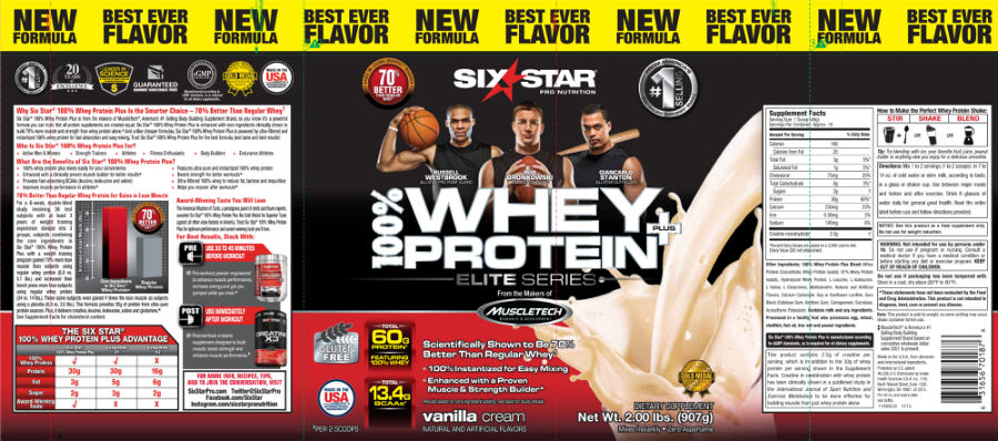 Official label of Six Star Pro Nutrition Whey Protein Plus Elite Series Vanilla Cream (NIH DSLD #63139)