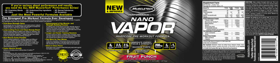 Official label of MuscleTech Performance Series Nano Vapor Fruit Punch (NIH DSLD #63189)