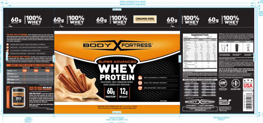 Official label of Body Fortress Super Advanced Whey Protein Cinnamon Swirl (NIH DSLD #63359)