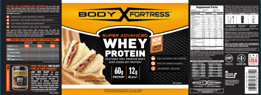 Official label of Body Fortress Super Advanced Whey Peanut Butter & Jelly (NIH DSLD #63502)