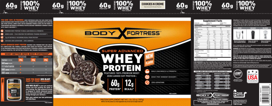 Official label of Body Fortress Super Advanced Whey Protein Cookies N Creme (NIH DSLD #63671)