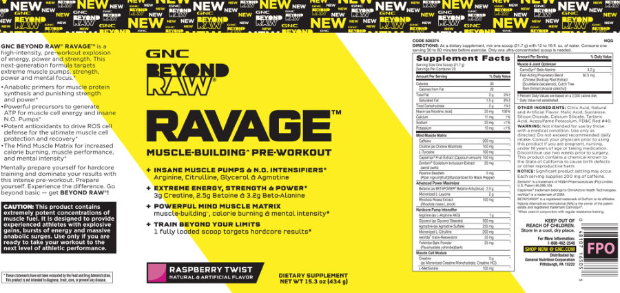 Official label of GNC Beyond Raw Ravage Raspberry Twist (NIH DSLD #63974)