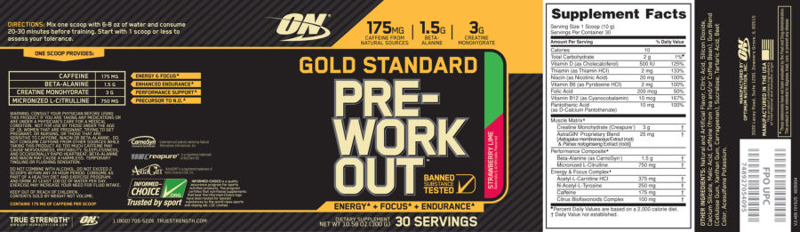 Official label of ON Optimum Nutrition Gold Standard Pre-Workout Strawberry Lime (NIH DSLD #65428)