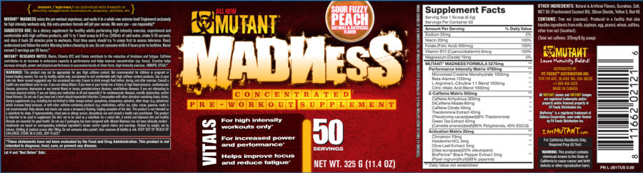 Official label of Fit Foods Mutant Madness Sour Fuzzy Peach (NIH DSLD #65535)