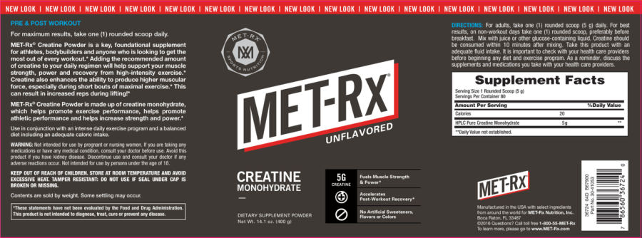 Official label of MET-Rx Creatine Monohydrate Unflavored (NIH DSLD #66279)