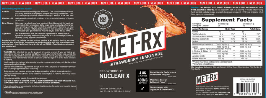 Official label of Met-RX Nuclear X Strawberry Lemonade (NIH DSLD #66317)