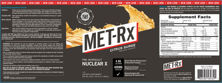 Official label of MET-Rx Pre-Workout Nuclear X Citrus Surge (NIH DSLD #66357)