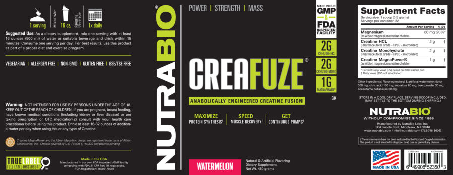 Official label of NutraBio CreaFuze Watermelon (NIH DSLD #66770)