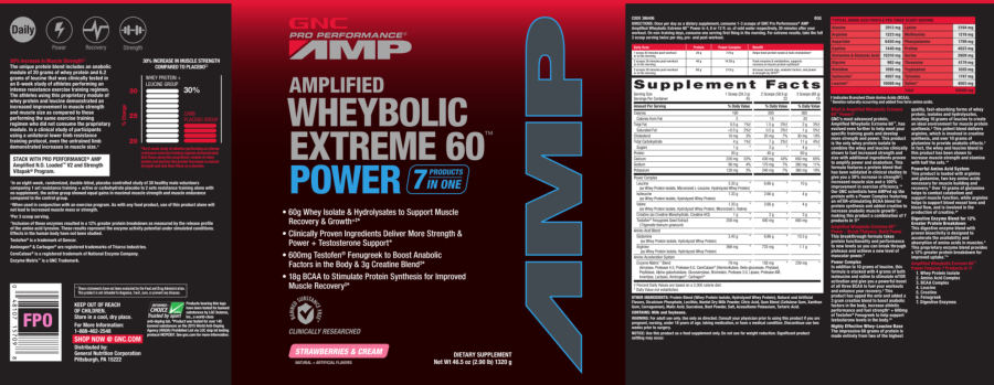 Official label of GNC Pro Performance AMP Amplified Wheybolic Extreme 60 Power Strawberries & Cream (NIH DSLD #69425)