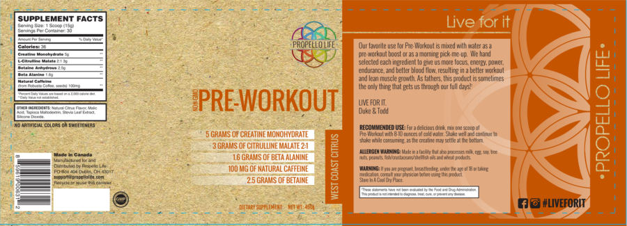 Official label of Propello Life Non-GMO Pre-Workout West Coast Citrus (NIH DSLD #69559)