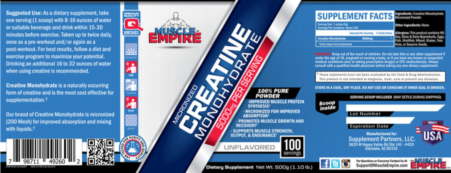 Official label of Muscle Empire Micronized Creatine Monohydrate 5000 mg Unflavored (NIH DSLD #71601)