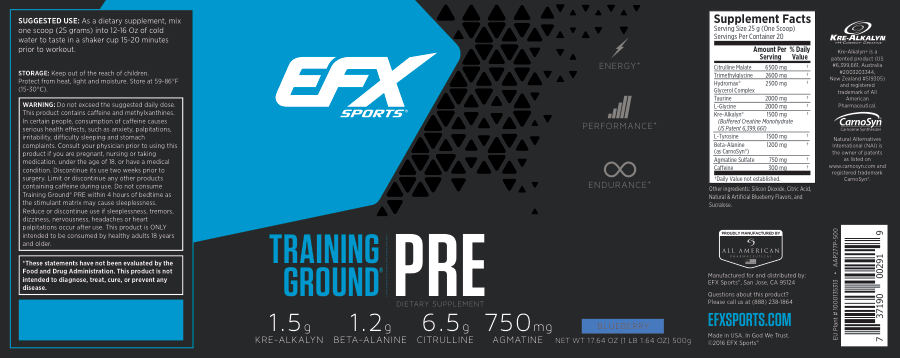 Official label of EFX Sports Training Ground PRE Blueberry (NIH DSLD #71972)