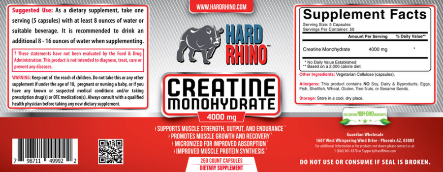 Official label of Hard Rhino Creatine Monohydrate 4000 mg (NIH DSLD #72246)