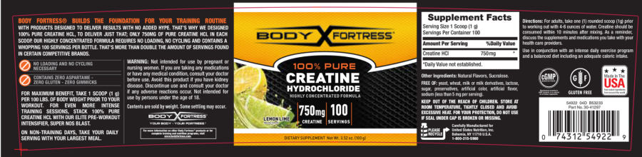 Official label of Body Fortress 100% Pure Creatine Hydrochloride 750 mg Lemon lime (NIH DSLD #73216)
