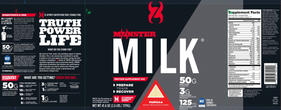Official label of CytoSport Monster Series Monster Milk Vanilla (NIH DSLD #73697)