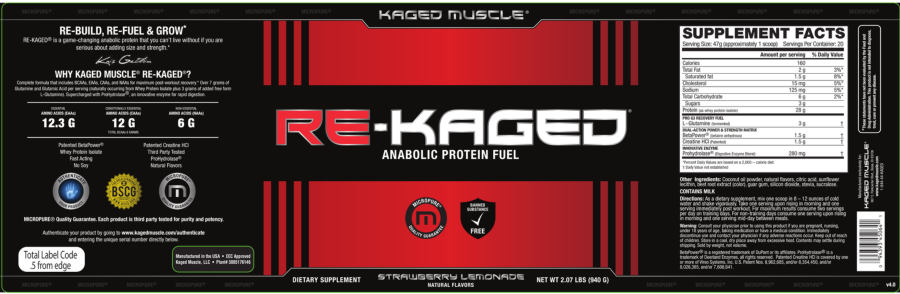 Official label of Kaged Muscle Re-Kaged Strawberry Lemonade (NIH DSLD #73987)