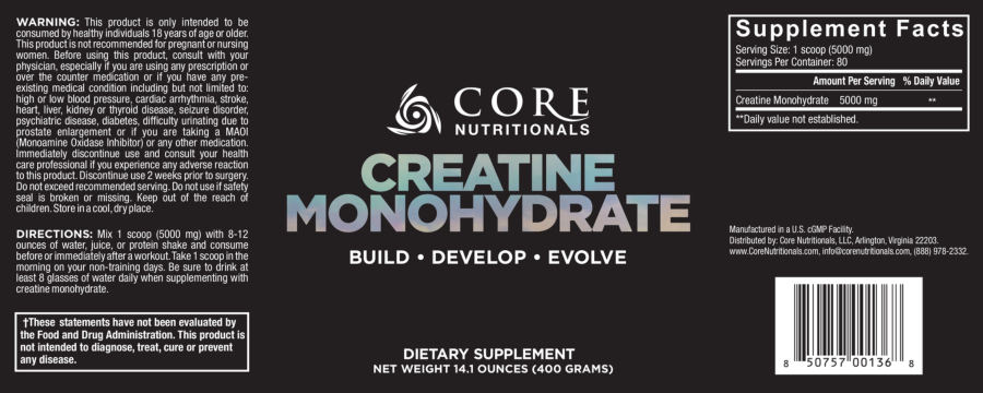 Official label of Core Nutritionals Creatine Monohydrate (NIH DSLD #74202)