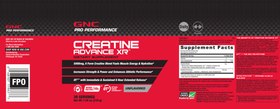 Official label of GNC Pro Performance Creatine Advance XR Unflavored (NIH DSLD #74586)