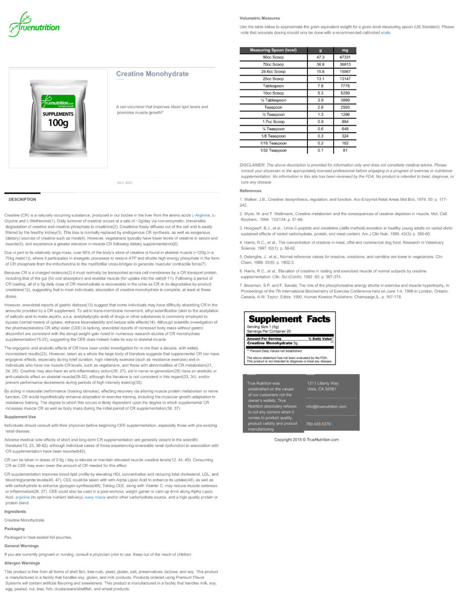 Official label of True Nutrition Creatine Monohydrate (NIH DSLD #74782)