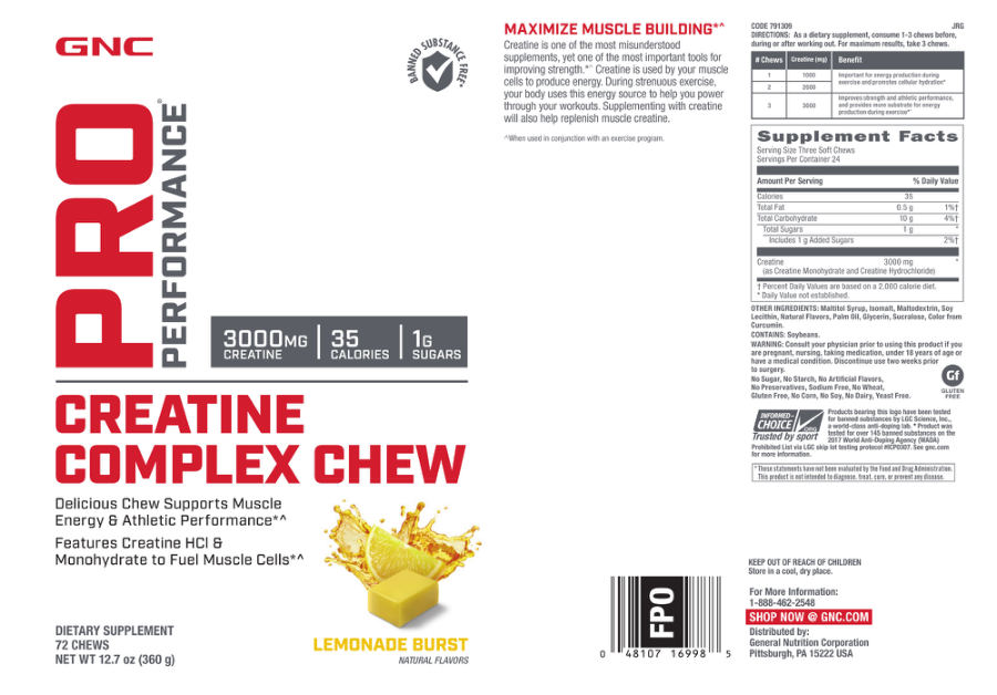 Official label of GNC Pro Performance Creatine Complex Chew Lemonade Burst (NIH DSLD #74819)