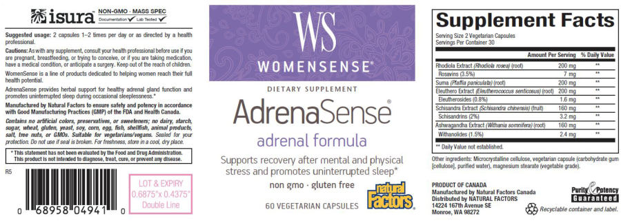 Official label of Natural Factors WS WomenSense AdrenaSense (NIH DSLD #76545)