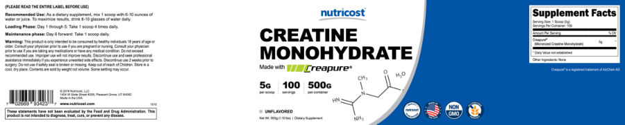 Official label of Nutricost Creatine Monohydrate 5 g Unflavored (NIH DSLD #77130)