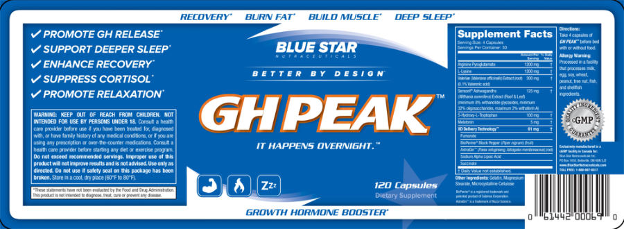 Official label of Blue Star Nutraceuticals GH Peak (NIH DSLD #78888)