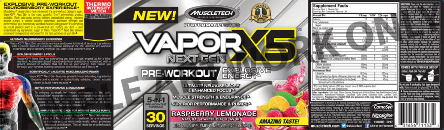 Official label of MuscleTech Performance Series VaporX5 Next Gen Raspberry Lemonade (NIH DSLD #79322)