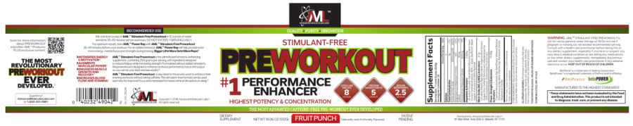 Official label of AML Advanced Molecular Labs Stimulant-Free Preworkout Fruit Punch (NIH DSLD #79466)