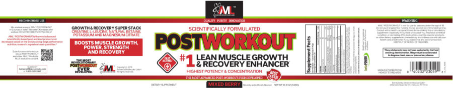 Official label of AML Advanced Molecular Labs Postworkout Mixed Berry (NIH DSLD #79470)