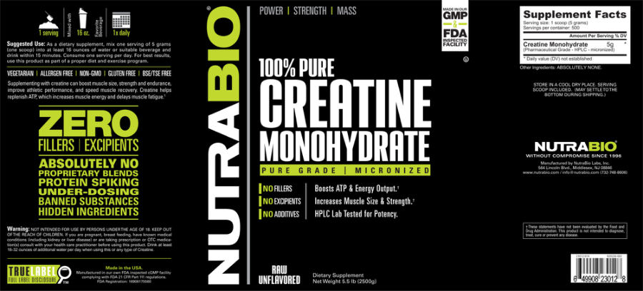 Official label of NutraBio 100% Pure Creatine Monohydrate Raw Unflavored (NIH DSLD #79805)