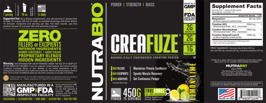 Official label of NutraBio CreaFuze Lemon Lime (NIH DSLD #80005)