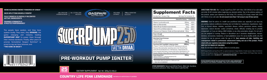 Official label of Gaspari Nutrition SuperPump 250 Country Life Pink Lemonade (NIH DSLD #80699)